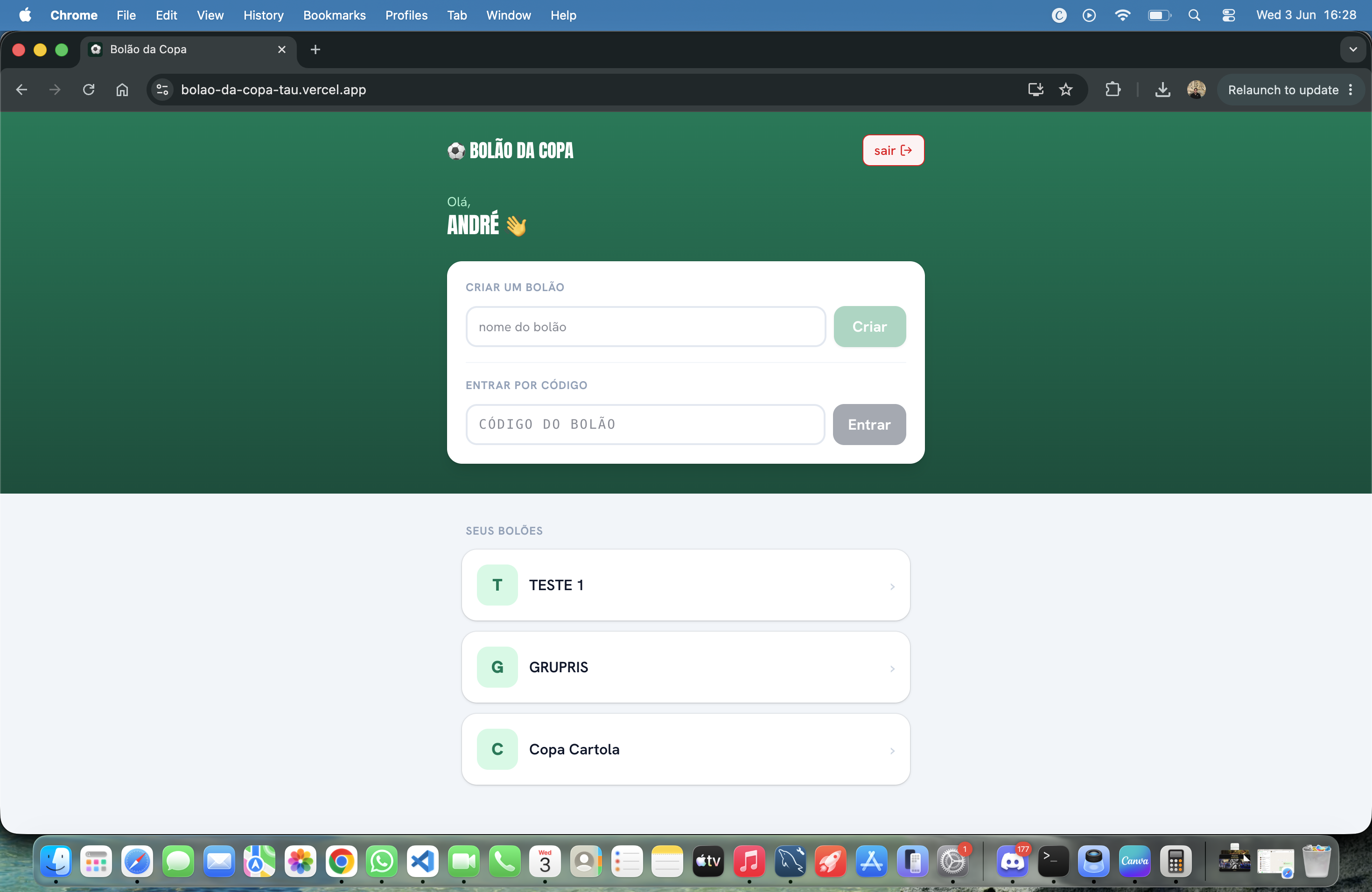 Home with the user's groups and the create or join form