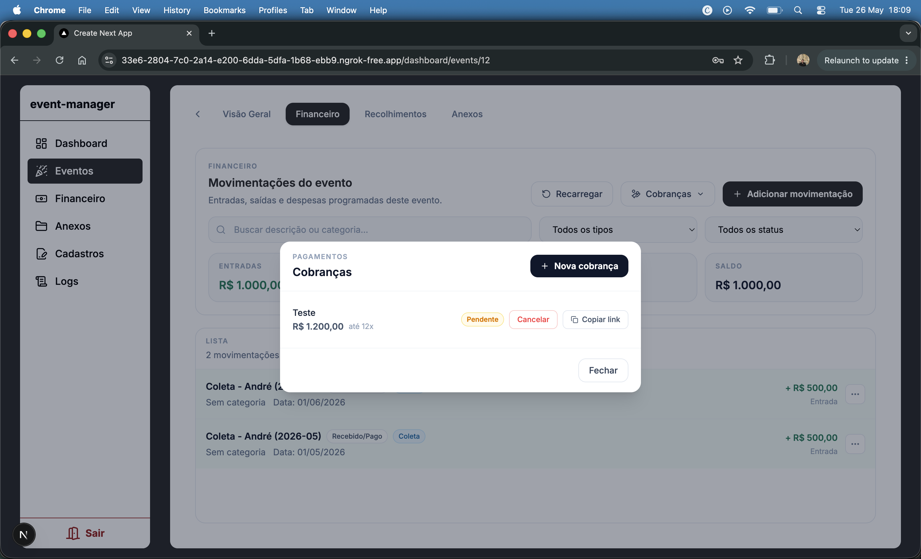 Charges list with payment link