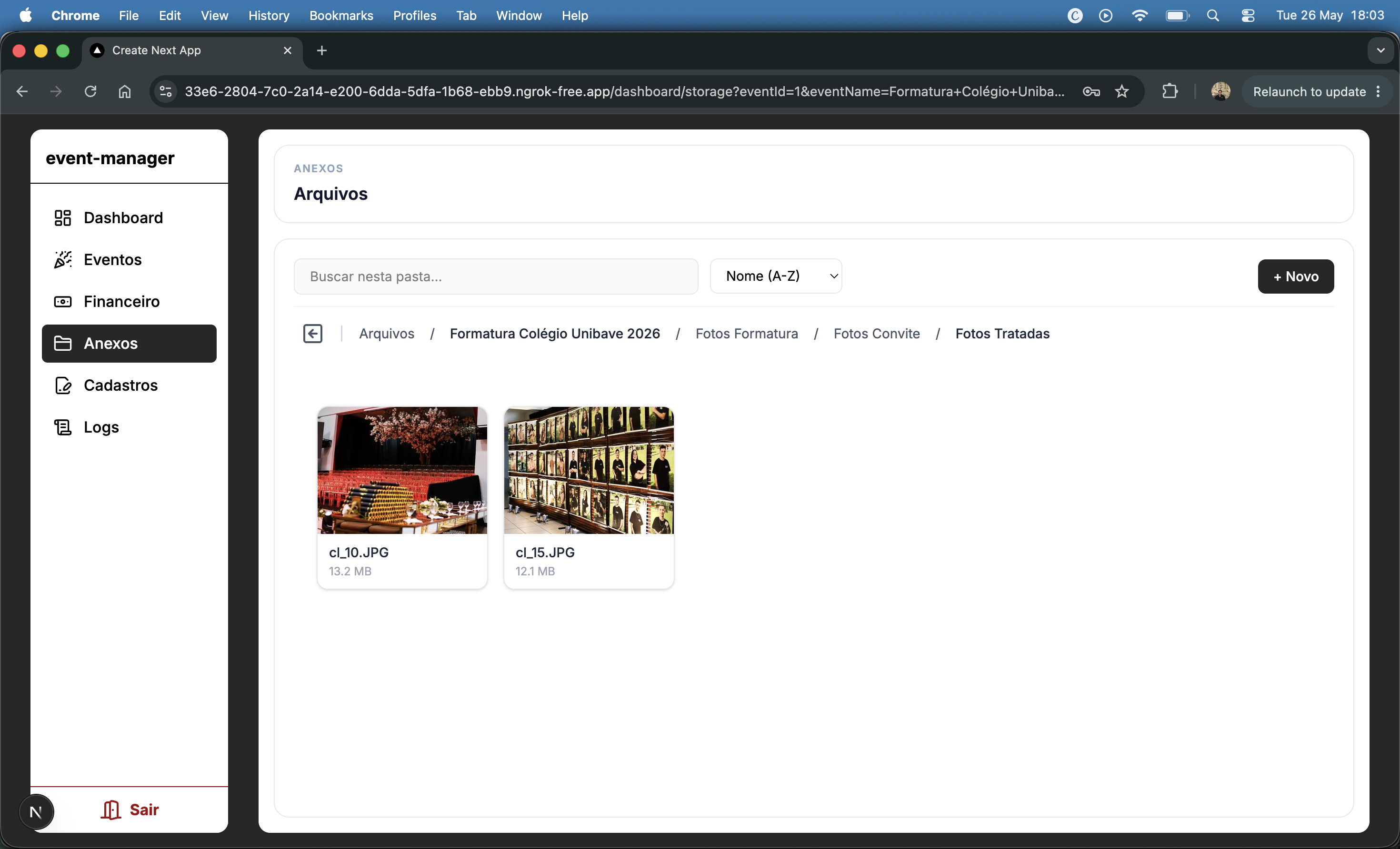 Storage module interface with folder structure and thumbnails