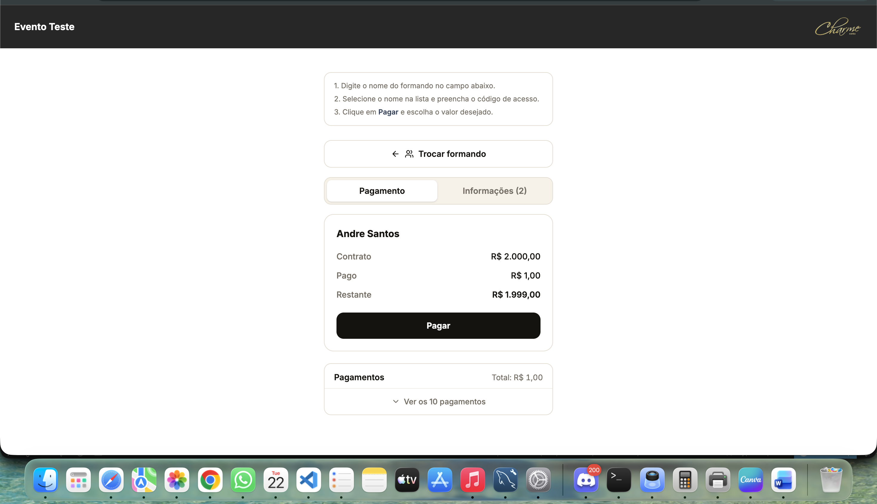 Student portal after the access code, showing the contract balance and payment button