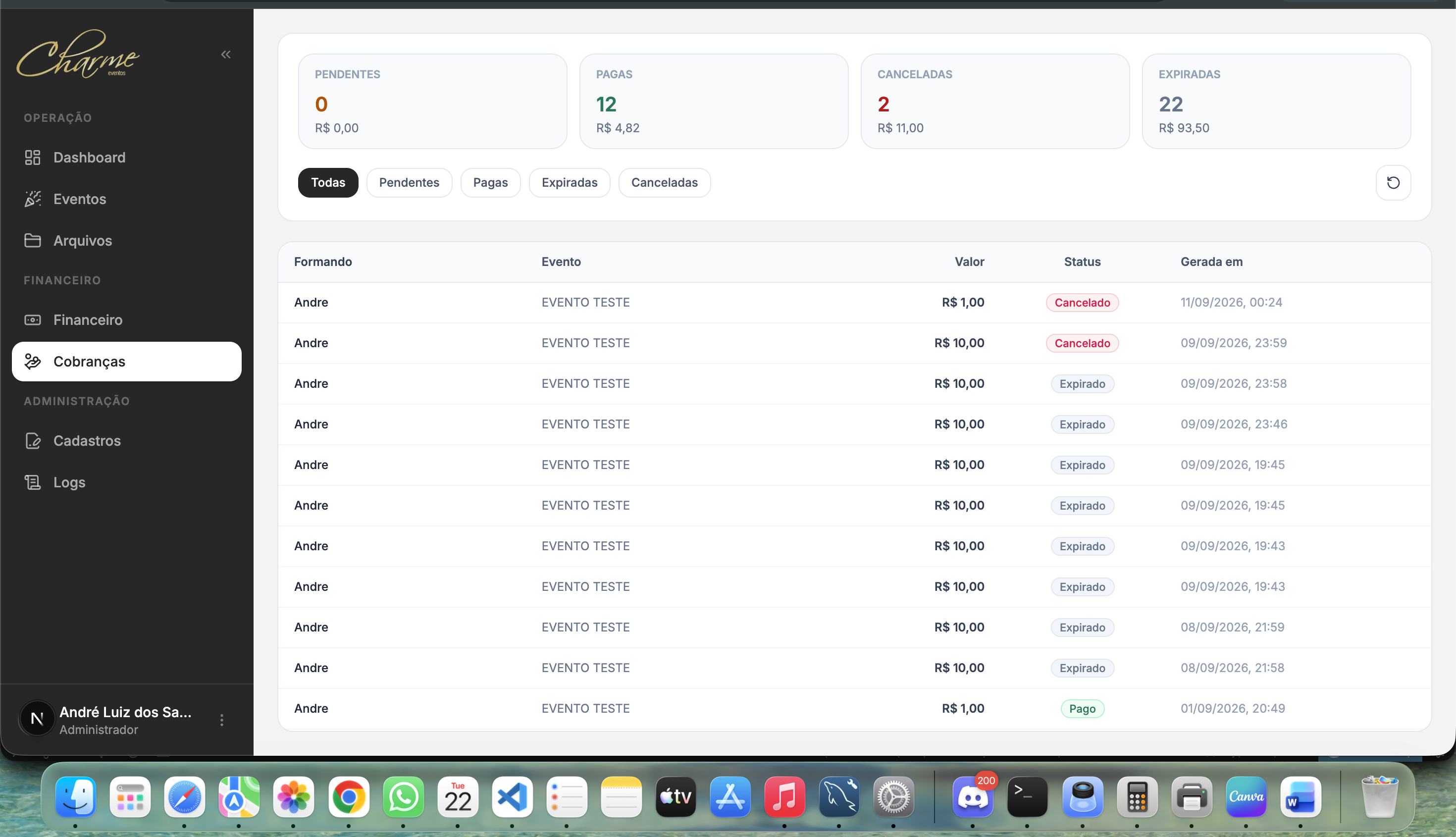 Admin panel of charges, showing pending, paid, expired and canceled states