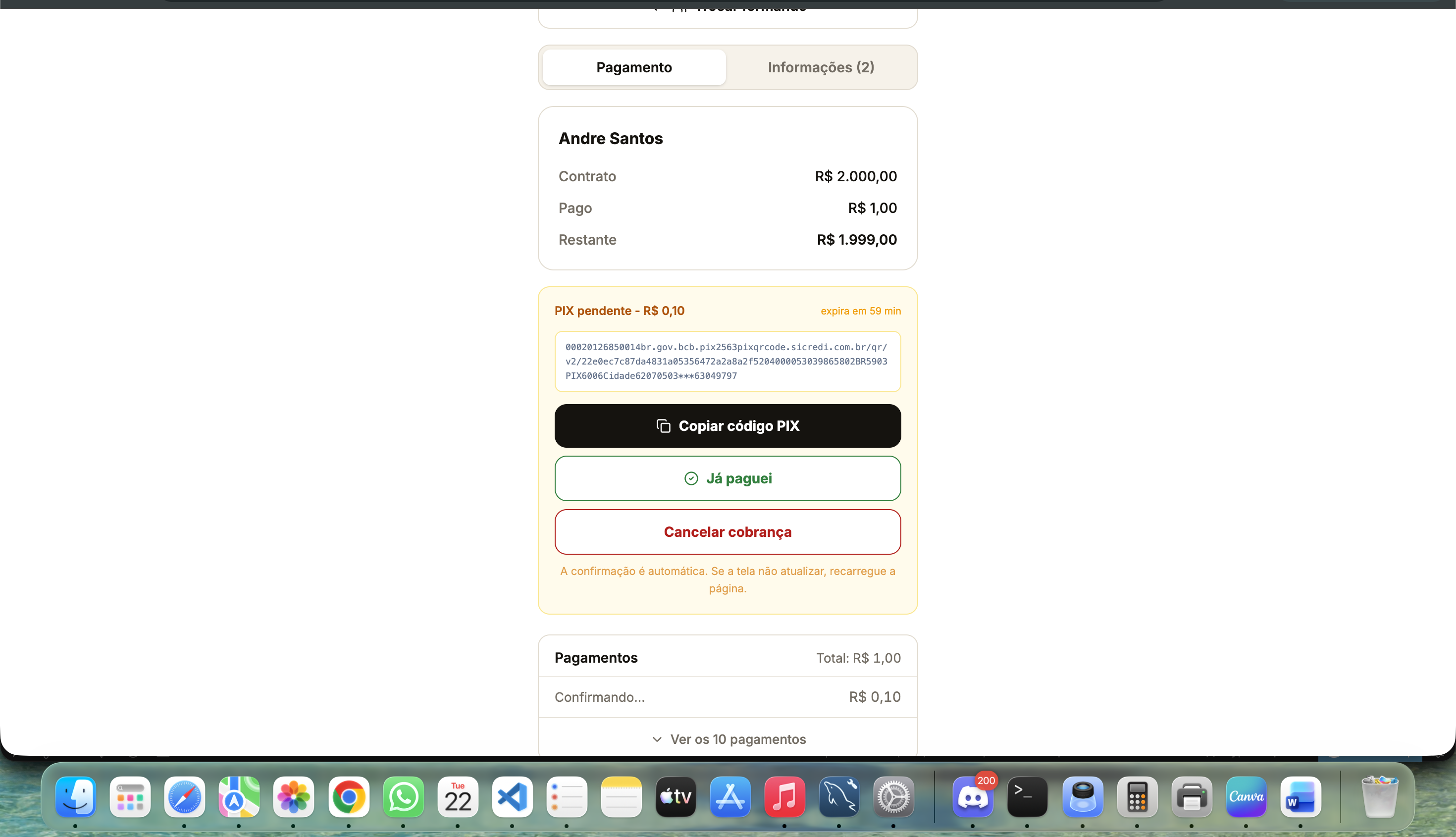 Pending Pix charge, with a copyable code and automatic confirmation after payment