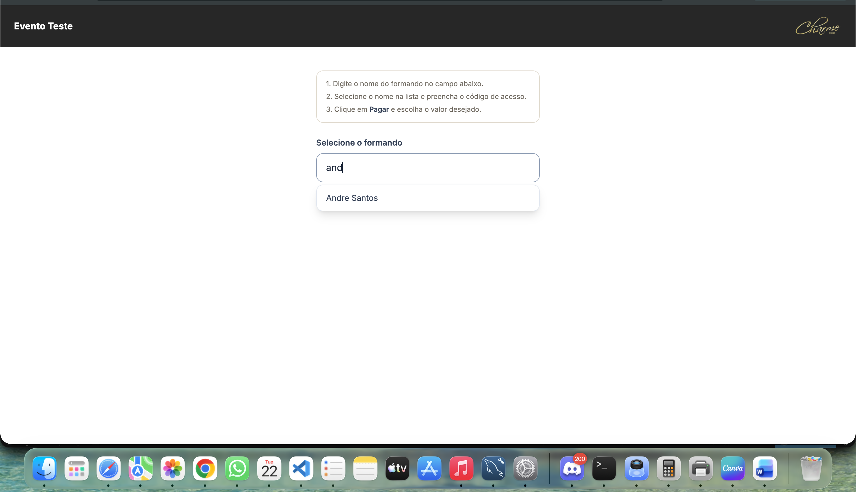 Student portal landing screen, where the student finds their own name on the list